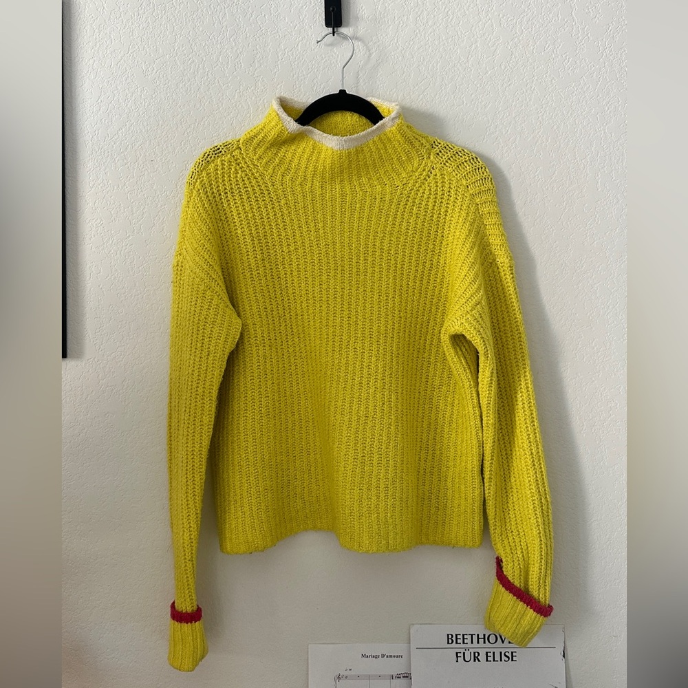 MAEVE ANTHROPOLOGIE YELLOW CHUNKY KNIT MOCK NECK SWEATER XS CONTRAST TRIM NWOT